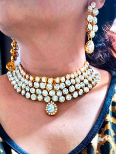 Gold Heavy Stones Necklace Set With Earrings