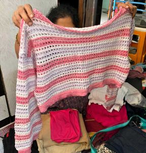 Crochet Knit Striped Sweater – Pink & White