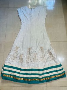 Elegant White &amp; Teal Embroidered Anarkali