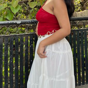 Red Crop Top And White Skirt Combo