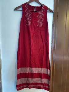 Red Embroidered Sleeveless Kurta
