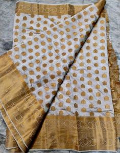 Half White Gold Pure Dola Silk Saree