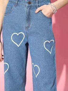 Heart Print Wide Leg Jeans