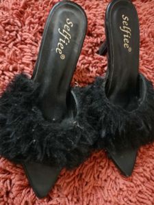 Stylish Black Faux Fur Heels