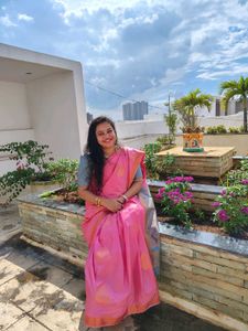 Elegant Pink Saree with designer puff sleeves blou