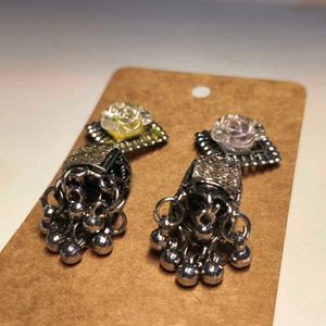 Silver Jhumka Earrings with Rose Detail