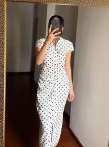 White &amp; Black Spot Print Ruched Front MIDI Dress