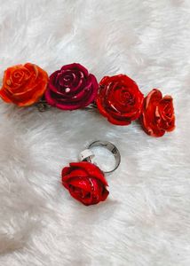 Floral Rose Hair Clip And Ring
