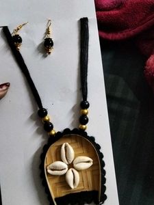Handmade Wooden Pendant Necklace with Beads, Earri