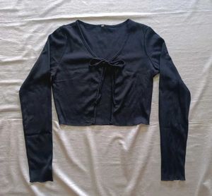 Ribbed Tie-Front Long Sleeve Top