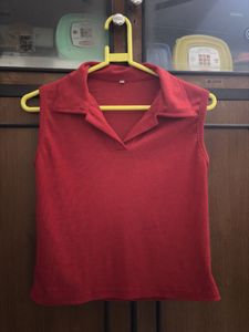 Sleeveless Polo Top Combo - Red and Black
