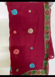 Maroon Saree with Colorful Embroidered Details