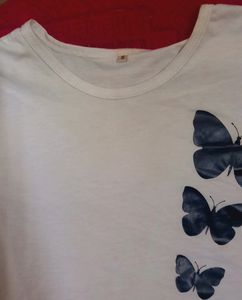 printed women white cotton round neck top