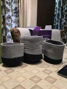 Set of 3 Gray &amp; Black Woven Baskets