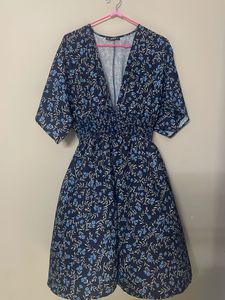 Navy Blue Printed Midi Dress/Shrug