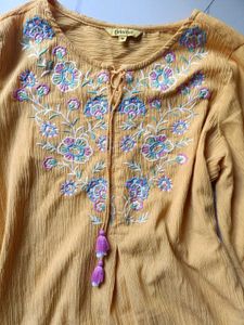 Global Desi Mustard Embroidered Top