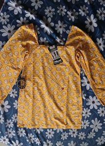 Long Sleeve Yellow Short Kurti With Freebies