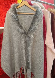 Gray Faux Fur Trimmed Poncho
