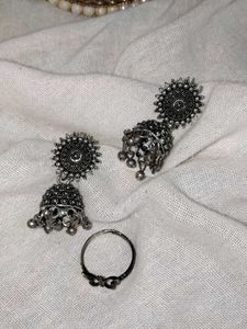 Oxidized Jhumka Earrings with ring 💍