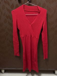 Red Ribbed V-Neck Mini Dress