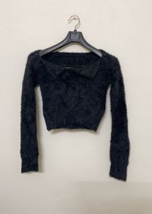 Korean Black Faux Fur Crop Top For Women