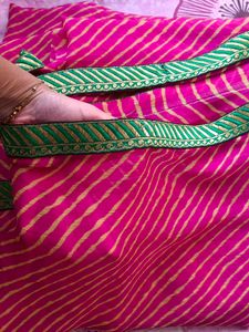 Pink Striped Saree with Green Border