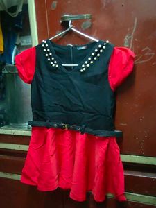 Red &amp; Black Pearl Embellished Belted Dress