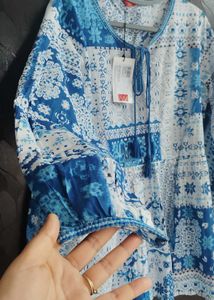 Blue &amp; White Tie Neck Top