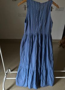 GOA PARIS Blue Linen Cotton Fit&amp;Flare MAXI