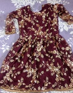 Maroon Embroidered Frock with Golden Silk Pant