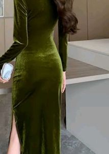 Olive Green Velvet Midi Dress