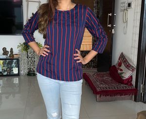 Female Blue And Red Striped Top