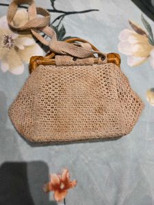 Woven Handbag with Wooden Handles