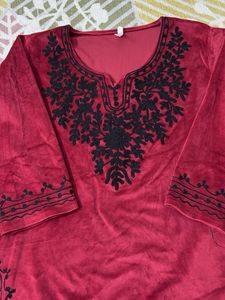 Embroidered Maroon Velvet Kurti