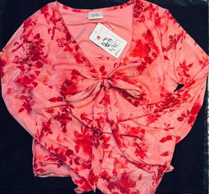 Floral Print Tie Front Bell SleeveMesh Crop Top