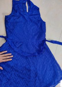 Blue Lace CUTE DRESS WITH belt And Zip