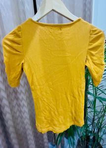 Ribbed Puffed Sleeves Mustard Fitted Top/ XS