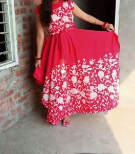 Pink And White Coloured Square Cut Gown Or Dress