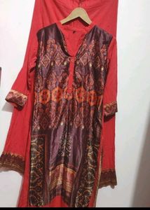 Coral & Brown Kurta Plazo Set For 32 Bust