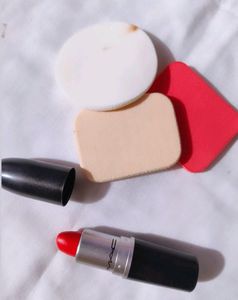 mac lipstick and makeup blenders.