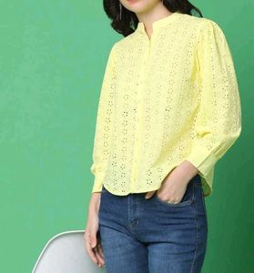 Embroidered Solid Schiffli Mandarin Coller Top