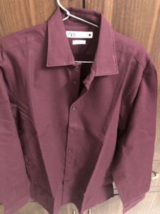 Zara Man - Slim Fit Maroon Solid Shirt