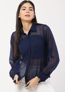 Navy Sheer Button-Down Blouse