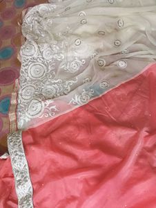 Peach Chiffon Saree with Silver Border
