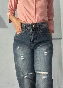 Trendy Blue Torn Denim Jeans - Strai