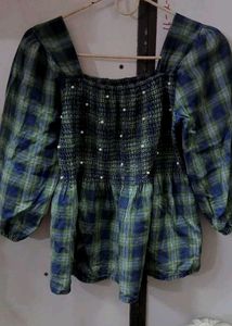 Plaid Smocked Pearl Blouse