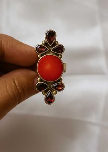 Coral And Garnet  Gemstone Statement Ring