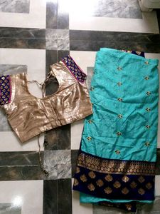 Teal & Gold Sari Fabric with Blouse