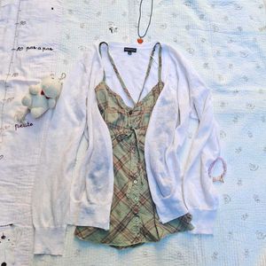 aesthethic Cute Plaid Top & Cardigan Set