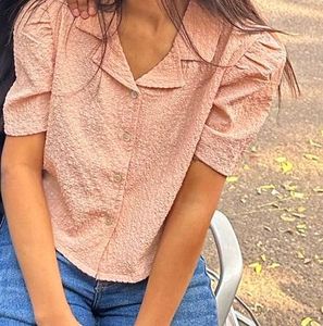 Pink Textured Puff Sleeve Top
